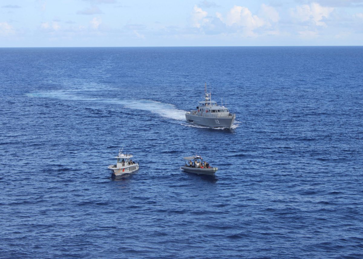 CARIBBEAN SEA (Nov. 10, 2022) An 11-meter rigid inflatable boat (center) from the Freedom-variant littoral combat ship USS Milwaukee (LCS 5) and Dominican navy vessels Altair (GC-112) (right) and Becrux (LI-170) (left) conduct a bilateral maritime interdiction exercise off the coast of Santo Domingo, Dominican Republic November 10, 2022. Milwaukee is deployed to the U.S. 4th Fleet area of operations to support Joint Interagency Task Force South’s mission, which includes counter-illicit drug trafficking missions in the Caribbean and Eastern Pacific. (U.S. Navy photo by Gunners Mate Seaman Hanna Westbrook)