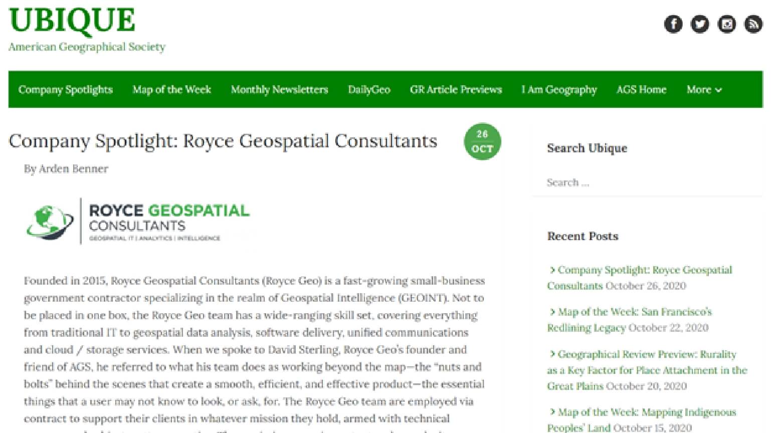Royce Geo featured on the American Geographical Society website