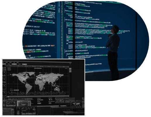 Man studying code on a wall size screen and a map of the world