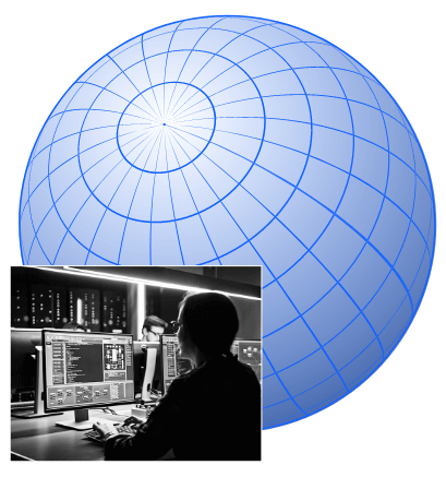 Digital globe texture with person working on a computer at the bottom